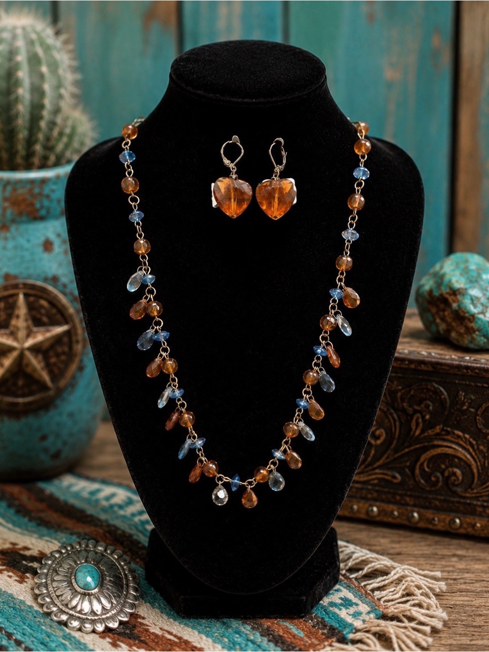 Fashion blue & brown beaded necklace & earring set